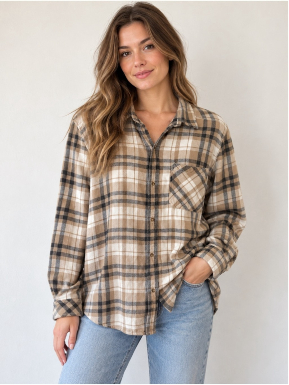 TNA Plaid Flannel Button-Down Shirt in Tan, Black, Cream Size M Oversized